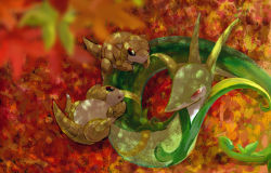 autumn_leaves blurry blurry_foreground claws commentary creatures_(company) from_above game_freak gen_1_pokemon gen_5_pokemon highres leaf looking_up lying nintendo no_humans on_back outdoors pn_(ltpn_257) pokemon pokemon_(creature) red_eyes sandshrew serperior snake