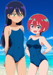 2girls amate_yuzuriha aqua_eyes beach black_hair blue_one-piece_swimsuit blue_sky breasts cloud commentary_request competition_school_swimsuit covered_navel dark-skinned_female dark_skin day flat_chest gundam gundam_gquuuuuux horizon long_hair medium_breasts mizusaki_johnko multiple_girls nyaan_(gundam_gquuuuuux) ocean one-piece_swimsuit outdoors red_hair school_swimsuit short_hair sky swimsuit yellow_eyes