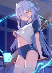1girl breasts buruma choker classroom clothes_lift gym_uniform highres indoors long_hair looking_at_viewer navel purple_eyes purple_hair shirt short_shorts shorts skindentation small_breasts sportswear standing stomach suzutuki_sui sweat t-shirt table thighhighs thighs varium very_long_hair virtual_youtuber white_choker white_thighhighs yoshiheihe