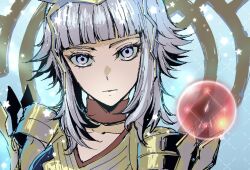 1girl argyle_background blunt_bangs closed_mouth expressionless eyelashes fire_emblem fire_emblem_engage fire_emblem_heroes grey_eyes grey_hair looking_at_viewer nintendo orb short_hair solo umi_(_oneinchswing) upper_body veronica_(emblem)_(fire_emblem) veronica_(fire_emblem)