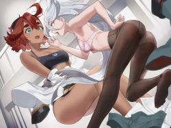 2girls black_pantyhose blue_eyes bra dark-skinned_female dark_skin grey_hair gundam gundam_suisei_no_majo highres lingerie long_hair looking_at_another miorine_rembran multiple_girls open_mouth pantyhose pink_bra red_hair salmon88 sports_bra suletta_mercury sweatdrop teeth thick_eyebrows underwear zero_gravity