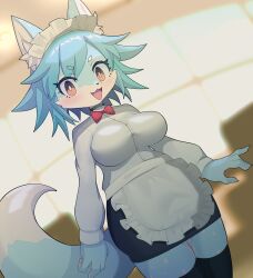 1girl absurdres animal_ears apron black_choker black_skirt blue_hair blurry blurry_background bow bowtie breasts brown_eyes chatora_(0-furry-beast-0) choker fang fewer_digits fox_ears fox_girl fox_tail furry furry_female highres long_sleeves maid_headdress open_mouth original red_bow red_bowtie shirt short_eyebrows skirt solo tail thighhighs waitress white_shirt window zettai_ryouiki