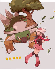 1girl beanie black_hair black_shirt black_socks blue_eyes blush blush_stickers boots bracelet clenched_hand commentary_request creatures_(company) dawn_(pokemon) falling_leaves game_freak gen_4_pokemon grey_background hair_ornament hairclip hat highres jewelry kneehighs knees_together_feet_apart leaf letterboxed long_hair nintendo outstretched_arm petoke pink_boots pink_skirt pokemon pokemon_(creature) pokemon_dppt red_eyes red_scarf scarf shirt simple_background skirt sleeveless sleeveless_shirt socks spikes star_(symbol) teeth torterra tree turtle upper_teeth_only white_hat