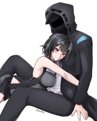 1girl 1other ahoge arknights bare_shoulders black_eyes black_hair black_jacket black_pants black_shorts blush breasts commentary english_commentary feather_hair fingernails hair_ornament hairclip highres hood hood_up hug jacket la_pluma_(arknights) long_sleeves looking_at_another on_ground pants selverna short_hair shorts sitting sleeveless smile twitter_username zipper