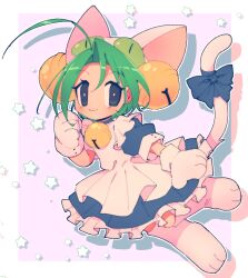 Rule 34 | 1girl, :3, ahoge, animal hat, apron, bell, blue dress, bow, cat hat, cat tail, commentary, curtained hair, dejiko, di gi charat, dress, drop shadow, english commentary, green eyes, green hair, hat, highres, jingle bell, lyn mametchi, mittens, neck bell, no nose, solo, tail, tail bow, tail ornament, white apron, white mittens