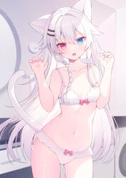 1girl absurdres animal_ears bikini blue_eyes braid breasts cat_ears cat_girl cat_tail collarbone commentary contrapposto heterochromia highres kooriais long_hair looking_at_viewer navel open_mouth original paw_pose red_eyes small_breasts swimsuit symbol-only_commentary tail teeth underwear upper_teeth_only white_bikini white_hair