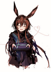 1girl :d ^_^ absurdres amiya_(arknights) animal_ears arknights blush brown_hair closed_eyes commentary cropped_torso facing_viewer gift hair_between_eyes heart heart_of_string highres holding holding_gift i_(pixiv27212731) jewelry long_hair multiple_rings open_mouth ring simple_background sketch smile solo symbol-only_commentary white_background