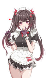 1girl absurdres apron black_dress blush bow bowtie breasts brown_hair butterfly-shaped_pupils dress frilled_apron frilled_dress frilled_wrist_cuffs frills gloves hair_ornament heart highres holding holding_own_hair honkai:_star_rail honkai_(series) index_finger_raised isenooose long_hair looking_at_viewer maid maid_apron maid_headdress mark_under_both_eyes medium_breasts parted_lips pink_eyes short_dress short_sleeves simple_background smile solo sparkle_(honkai:_star_rail) symbol-shaped_pupils thighs twintails white_apron white_background wrist_cuffs
