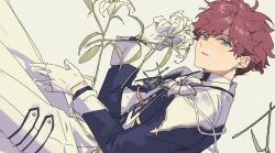 1boy amagi_hiiro blue_eyes blue_jacket buttons collared_jacket double-breasted dutch_angle ensemble_stars! feet_out_of_frame flower gloves holding holding_flower jacket legs_up lily_(flower) long_sleeves looking_at_viewer male_focus messy_hair official_alternate_costume or_i pants parted_lips red_hair short_hair simple_background solo undercut white_background white_flower white_gloves white_jacket white_pants