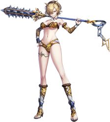 1girl animal_print artist_request bare_legs bare_shoulders blonde_hair blue_nails breasts eclair_(unitia) full_body game_cg hair_over_one_eye hand_on_own_hip headband high_heels highres holding holding_weapon leopard_print lightning_bolt_symbol nail_polish navel official_alternate_costume official_art over_shoulder purple_eyes short_hair solo source_request spikes thigh_strap transparent_background unitia weapon weapon_over_shoulder