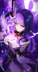 1girl absurdres black_bridal_gauntlets breasts bridal_gauntlets closed_mouth genshin_impact highres holding holding_sword holding_weapon human_scabbard japanese_clothes kimono large_breasts long_hair long_sleeves looking_at_viewer mole mole_under_eye obi pioko purple_eyes purple_hair purple_kimono purple_nails raiden_shogun sash signature solo sword weapon wide_sleeves