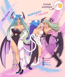 Rule 34 | 3girls, animal ears, animal print, bat print, black leotard, blue eyes, blue hair, body fur, breasts, cat ears, cat girl, character name, darkstalkers, demon girl, demon wings, dragon ball, dragonball z, earrings, felicia (darkstalkers), fusion, gradient hair, green eyes, green hair, head wings, highres, jewelry, large breasts, leotard, long skirt, morrigan aensland, multicolored hair, multiple girls, multiple wings, panties, pantyhose, pen-pen arts, potara earrings, print panties, purple pantyhose, red lips, skirt, two-tone hair, underwear, white skirt, wings