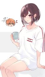 Rule 34 | 1boy, 1girl, :o, aegyo sal, anger vein, arm support, baggy clothes, bare legs, bob cut, bow, braid, breasts, brother and sister, brown eyes, brown hair, chibi, chibi inset, closed mouth, collarbone, commentary request, cup, double-parted bangs, double vertical stripe, eyes visible through hair, feet out of frame, hair between eyes, hair bow, hand up, highres, holding, holding cup, inverted bob, invisible chair, lightning bolt symbol, looking at viewer, nhrg806, no pants, open mouth, orange hair, project sekai, shadow, shinonome akito, shinonome ena, shirt, short hair, siblings, simple background, single braid, sitting, small breasts, solo focus, sweatdrop, swept bangs, three-quarter sleeves, translation request, v-shaped eyebrows, white background, white bow, white shirt