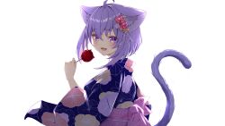 Rule 34 | 1girl, :3, :d, absurdres, ahoge, alternate costume, animal ear fluff, animal ears, blue kimono, candy apple, cat ears, cat girl, cat tail, commentary request, crossed bangs, double-parted bangs, fang, floral print, floral print kimono, flower, food, hair between eyes, hair flower, hair ornament, highres, holding, holding candy apple, holding food, hololive, incredibly absurdres, japanese clothes, kanzashi, kimono, long sleeves, looking at viewer, looking back, nekomata okayu, obi, open mouth, pink sash, print kimono, purple eyes, purple hair, sash, short hair, simple background, skin fang, sky, smile, solo, tail, torakichi 888, transparent background, upper body, virtual youtuber, wide sleeves, yukata