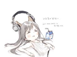 1girl animal_ears blush cat_ears child extra_ears closed_eyes female_focus headphones highres long_hair lying milk_carton nenena on_back original silver_hair simple_background solo sony white_background
