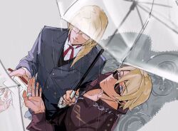 Rule 34 | 2boys, ace attorney, apollo justice: ace attorney, blue eyes, brothers, chain, chain necklace, dark-skinned male, dark skin, drill hair, from above, highres, holding, holding umbrella, jacket, jewelry, klavier gavin, kristoph gavin, long hair, male focus, multiple boys, neck ribbon, necklace, popped collar, purple shirt, rain, ribbon, shirt, short hair, siblings, side drill, suit jacket, sunglasses, swept bangs, umbrella, wogesb