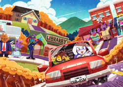 &gt;:) 1other 2boys 5girls :o absurdres against_glass androgynous animal_ears arm_up blue_sky bratty_(undertale) brown_hair building car catty_(undertale) chief_undyne cloud commentary_request contrail covered_eyes dad_cat_(deltarune) deltarune driving dust_cloud floppy_ears froggit furry furry_female glasses goat_ears goat_girl hand_on_glass highres hill house kris_(deltarune) license_plate motor_vehicle mountainous_horizon multiple_boys multiple_girls open_mouth outdoors outstretched_arm politics_bear purple-framed_eyewear road scenery short_hair sidewalk sky solid_oval_eyes standing street toriel town tree undertale undyne v-shaped_eyebrows watawata22 waving