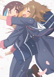 2girls :d ^_^ absurdres artist_name bag bambi2000line black_jacket black_skirt blue_hair blush brown_hair closed_eyes commentary falling_petals fang glomp highres hozuki_momiji hug hug_from_behind jacket long_sleeves multicolored_hair multiple_girls neck_ribbon oka_asahi onii-chan_wa_oshimai! open_clothes open_jacket open_mouth orange_hair petals red_eyes red_ribbon ribbon school_bag school_uniform short_hair simple_background skirt smile suspender_skirt suspenders two-tone_hair two_side_up white_background