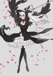 1girl black_dress dress falling_petals feathers full_body grey_background hairband highres long_hair long_sleeves looking_to_the_side petals purple_eyes rozen_maiden solo suigintou unsheathed white_hair yinggu