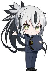 Rule 34 | 1girl, artist request, black hair, black hat, black jacket, black pants, black shoes, black suit, chibi, chibi only, fate/grand order, fate (series), formal clothes, full body, gloves, green eyes, hair between eyes, hat, holding, holding unworn clothes, holding unworn hat, jacket, long hair, long sleeves, looking at viewer, multicolored hair, nagao kagetora (fate), official art, pants, peaked cap, ponytail, promotional art, second-party source, shoes, smile, solo, standing, suit, train conductor, transparent background, two-tone hair, uesugi kenshin (fate), unworn hat, unworn headwear, white gloves, white hair