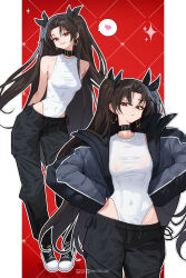 Rule 34 | 1girl, arms behind back, bare shoulders, belt collar, black hair, black pants, black shoes, breasts, collar, covered navel, curvy, down jacket, earrings, fate/grand order, fate (series), hair ribbon, hands on own hips, heart, high tops, highleg, highleg leotard, highres, hip vent, hoop earrings, inhoso, instagram logo, ishtar (fate), jacket, jewelry, leotard, long hair, long legs, looking at viewer, medium breasts, open clothes, open jacket, pants, parted bangs, patreon logo, red eyes, ribbon, shoes, smile, sneakers, solo, spoken heart, sweatpants, track pants, twintails, twitter logo, twitter username, two side up, white leotard, wide hips