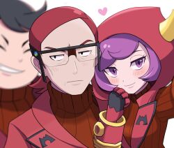 1girl 2boys black_eyes black_hair blush closed_eyes closed_mouth courtney_(pokemon) glasses gloves heart highres hood hood_up horned_hood horns looking_at_viewer maxie_(pokemon) multiple_boys nakikot_t nintendo pokemon pokemon_oras purple_eyes purple_hair red_hair red_sweater ribbed_sweater short_hair smile sweater tabitha_(pokemon) team_magma turtleneck turtleneck_sweater white_background