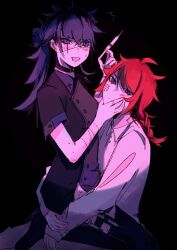 2boys alternate_hair_length alternate_hairstyle arms_around_waist black_bow black_hair blue_eyes blue_hair blush bow crossdressing eyepatch hand_on_another&#039;s_cheek hand_on_another&#039;s_chin hand_on_another&#039;s_face hand_on_another&#039;s_head highres holding holding_needle long_hair looking_at_viewer male_focus multicolored_hair multiple_boys needle omokage_yugamu one_eye_covered open_mouth red_hair simple_background sitting sitting_on_lap sitting_on_person sumino_takumi the_hundred_line_-last_defense_academy- yaoi