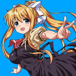 Rule 34 | 1girl, air (visual novel), ascot, black dress, blonde hair, blue background, blue eyes, commentary request, cross, dress, hair ribbon, kamio misuzu, long hair, open mouth, ponytail, red ascot, ribbon, school uniform, shirt, short sleeves, sidelocks, simple background, smile, solo, usavivi777, v, very long hair, yellow shirt