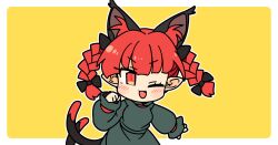 1girl ;d animal_ear_fluff animal_ears black_bow blunt_bangs blush border bow braid cat_ears cat_girl cat_tail chibi chibi_only commentary dress fang green_dress hair_bow hand_up ini_(inunabe00) kaenbyou_rin long_hair long_sleeves looking_at_viewer multiple_tails one_eye_closed open_mouth outline outside_border pointy_ears red_eyes red_hair simple_background smile solo tail touhou twin_braids two_tails upper_body v-shaped_eyebrows white_border white_outline yellow_background