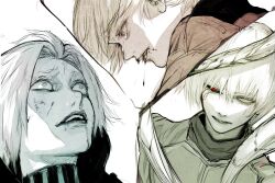 Rule 34 | 1girl, ahoge, black sclera, black shirt, blood, blood on face, blood on mouth, cloak, closed mouth, colored sclera, crying, crying with eyes open, flesh, heterochromia, highres, hood, hooded cloak, hooded robe, kagune (tokyo ghoul), kaneki ken, looking at another, lying, mado akira, mismatched sclera, monochrome, multiple boys, on back, red eyes, robe, shaded face, shadow, shirt, short hair, stfr (stfr kaz), takizawa seidou, tears, teeth, tentacles, tokyo ghoul, tokyo ghoul:re, white background, white hair