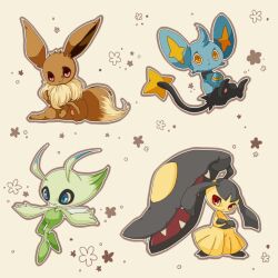 animal_focus blue_eyes brown_fur celebi colored_skin commentary_request eevee gen_1_pokemon gen_2_pokemon gen_3_pokemon gen_4_pokemon green_skin legendary_pokemon mawile mythical_pokemon nintendo no_humans pokemon pokemon_(creature) prehensile_hair red_eyes sharp_teeth shinx simple_background tail teeth towa_(clonea) white_background yellow_eyes
