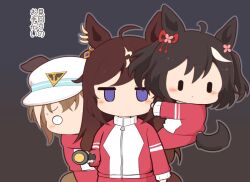 3girls animal_ears black_hair blue_background brown_background brown_hair cheval_grand_(umamusume) chibi chibi_only commentary_request duramente_(umamusume) empty_eyes flashlight gomashio_(goma_feet) gradient_background hair_ribbon hat holding holding_flashlight horse_ears horse_girl horse_tail jacket kitasan_black_(umamusume) long_hair long_sleeves multicolored_hair multiple_girls o_o pants purple_eyes red_jacket red_pants red_ribbon ribbon scared short_hair streaked_hair tail tracen_training_uniform translation_request two-tone_background umamusume white_hair white_hat zipper |_|