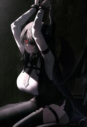 1girl absurdres argyle_clothes argyle_pantyhose arms_up asymmetrical_horns bound bound_wrists breasts chain collared_shirt commentary cuffs demon_horns feathered_wings greyscale grin hair_over_one_eye highres hololive hololive_english horns large_breasts long_hair long_sleeves looking_at_viewer low_wings monochrome nerissa_ravencroft nerissa_ravencroft_(1st_costume) one_eye_covered red_eyes ribbed_shirt shirt sidelighting sitting skirt smile solo spot_color sumosumo uneven_horns very_long_hair virtual_youtuber wariza wings