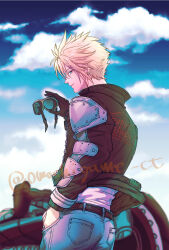 1boy armor belt black_gloves black_jacket blonde_hair blue_eyes blue_pants blue_sky blurry blurry_background closed_mouth cloud cloud_strife cloud_strife_(rider_style) cloudy_sky commentary_request cowboy_shot denim final_fantasy final_fantasy_vii final_fantasy_vii_ever_crisis from_behind from_side gloves goggles hand_in_pocket highres holding holding_goggles jacket jeans looking_back male_focus motor_vehicle motorcycle official_alternate_costume omochigame_ct outdoors pants shirt short_hair shoulder_armor single_glove sky smile solo spiked_hair twitter_username white_shirt