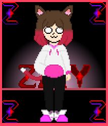 animal_ears bete_noire brown_hair cat_ears cat_tail glitchtale highres hood hoodie pink_hoodie pixel_art red_hair shoes short_hair tail undertale white_hoodie zixy zixy_(artist) zixy_(artists)