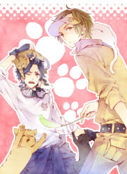 Rule 34 | 2boys, :3, = =, bad id, bad pixiv id, blue hair, brown hair, cat, cat teaser, dear girl ~stories~ hibiki, hair bobbles, hair ornament, halftone, halftone background, kamiya hiroshi, kuroyuki, male focus, multiple boys, object on head, one eye closed, ono daisuke, short hair, white background, wink