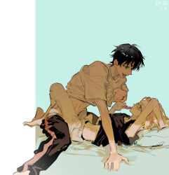2boys arms_up barefoot bed_sheet black_hair black_shirt blonde_hair blue_background candy clothes_lift clothes_pull food hair_between_eyes highres holding looking_at_another lying multiple_boys on_back on_bed open_mouth pants pillow pink_hair popsicle qyzhiaiyisheng sexually_suggestive shirt shirt_lift short_hair short_sleeves simple_background smile tokyo_revengers tongue tongue_out white_shirt yaoi