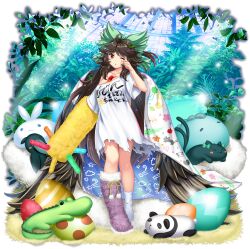 1girl ahoge alternate_costume animal_print arm_cannon asymmetrical_footwear bird bird_wings bow breasts brown_hair brown_wings cape clothes_writing cloud_print collarbone crescent_print easter_egg egg full_body fur_trim game_cg green_bow hair_bow highres huge_breasts kaenbyou_rin kaenbyou_rin_(cat) light_particles light_rays long_hair looking_at_viewer messy_hair mismatched_footwear official_art one_eye_closed open_mouth outdoors plant red_eyes reiuji_utsuho reiuji_utsuho_(occasionally_non-operational_underworld_sun) rotte_(1109) rubbing_eyes shirt short_sleeves socks solo star_(symbol) star_print stuffed_animal stuffed_bird stuffed_cat stuffed_crocodile stuffed_panda stuffed_toy third-party_source third_eye third_eye_on_chest torn_clothes torn_shirt touhou touhou_lostword translation_request transparent_background very_long_hair weapon white_cape white_shirt white_socks wings
