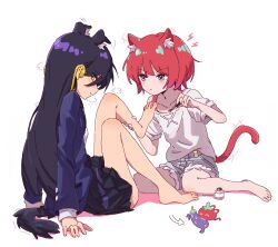 2girls amate_yuzuriha animal_ear_fluff animal_ears applying_pedicure arrow_(symbol) barefoot black_skirt blue_eyes blue_jacket blush cat_ears cat_girl cat_tail closed_mouth commentary_request denim denim_shorts dog_ears dog_girl dog_tail earbuds earphones eggplant feet foot_focus grey_shorts gundam gundam_gquuuuuux highres holding_another&#039;s_foot jacket long_hair long_sleeves mcwanderer multiple_girls nail_polish nyaan_(gundam_gquuuuuux) pleated_skirt purple_hair red_hair school_uniform shirt short_hair short_sleeves shorts simple_background sitting skirt sweat tail toenail_polish toenails toes tomato white_background white_shirt yuri