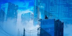 1girl absurdres arufa7ray blue_sky blue_theme building cat city cityscape cloud cloudy_sky concept_art day fog from_behind highres long_hair neon_trim original outdoors power_lines scenery silhouette sky skyscraper solo standing utility_pole very_wide_shot wide_shot