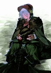 1boy 1girl anse1289567 black_hat blonde_hair blood bloodborne blue_eyes bonnet brown_cloak cloak doll_joints fingerless_gloves gloves hat highres holding hunter_(bloodborne) joints plain_doll red_bonnet