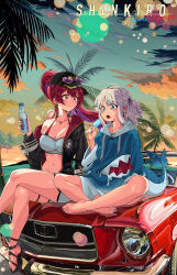 2girls absurdres bare_legs barefoot baseball_cap bikini bikini_under_clothes black_headwear black_jacket blue_eyes blue_hair blue_hoodie blue_nails blue_toenails bottle breasts car cleavage cloud crossed_legs feet fins fish_tail food ford_mustang ford_mustang_(1st_generation) full_body gawr_gura gradient_sky grey_hair hat heterochromia high_heels highres holding holding_bottle hololive hololive_english hololive_fantasy hood hoodie houshou_marine jacket large_breasts long_sleeves monster_girl motor_vehicle multiple_girls ocean on_car open_clothes open_mouth outdoors palm_tree ponytail popsicle ramune red_bikini red_eyes shark_tail sharp_teeth short_twintails shorts sitting sky snarkhunt strapless sunglasses_on_head sunset swimsuit tail teeth toes tree tube_top twintails virtual_youtuber white_shorts yellow_eyes