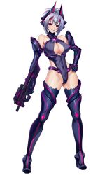 1girl absurdres alternate_breast_size aoi_tabane assault_rifle bare_shoulders boots breasts bullpup cleavage cleavage_cutout clothing_cutout commission corruption covered_erect_nipples covered_navel dark_persona elbow_gloves evil_smile full_body gloves gluteal_fold grey_hair grin gun hand_on_own_hip harold_japan high_heel_boots high_heels highleg highleg_leotard highres holding holding_gun holding_weapon impossible_clothes impossible_leotard kampfer kouyoku_senki_exs-tia large_breasts large_variant_set leotard looking_at_viewer mind_controlled_exs-tia neon_trim p90 personal_defense_weapon purple_hair red_eyes rifle senou_natsuru shiny_skin short_hair skeb_commission skin_tight smile solo standing submachine_gun tachi-e thigh_boots thighhighs transparent_background variant_set weapon