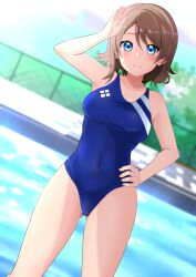 Rule 34 | 1girl, absurdres, armpits, bare shoulders, blue eyes, blue one-piece swimsuit, blush, breasts, brown hair, cameltoe, collarbone, commentary request, commission, competition swimsuit, covered navel, hand on own hip, highleg, highleg one-piece swimsuit, highres, kisaragi setsu (mssk8485), light blush, looking at viewer, love live!, love live! sunshine!!, medium breasts, navel, one-piece swimsuit, pixiv commission, pool, salute, short hair, smile, solo, swimsuit, watanabe you