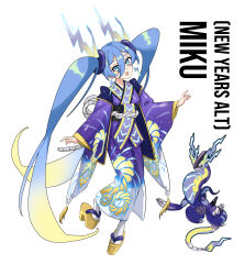 absurdres alternate_costume blue_hair english_text hair_between_eyes hatsune_miku highres japanese_clothes long_hair long_hair_between_eyes miraidon nintendo okobo platform_sandals pokemon pokemon_(creature) rhymewithray sandals twintails very_long_hair vocaloid