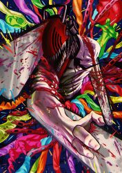 Rule 34 | 1boy, absurdres, alternate form, black necktie, blood, chain, chainsaw, chainsaw man, collared shirt, denji (chainsaw man), highres, male focus, necktie, sharp teeth, shirt, solo, teeth, white shirt, zunedraws