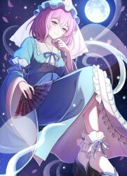 Rule 34 | 1girl, black sandals, blue kimono, breasts, closed mouth, collarbone, falling petals, hair between eyes, hand fan, hand up, hat, highres, holding, holding fan, japanese clothes, kimono, long sleeves, looking at viewer, luuu u u, medium breasts, moon, night, night sky, petals, pink eyes, pink hair, pink petals, saigyouji yuyuko, saigyouji yuyuko&#039;s fan design, sandals, sky, smile, socks, solo, touhou, veil, white socks
