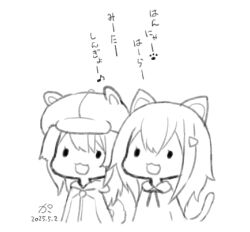 2girls animal_ears animal_hat bow cabbie_hat capriccio cat_ears cat_girl cat_tail collared_shirt commentary_request dated dog_tail fake_animal_ears greyscale hair_between_eyes hair_ornament hairclip hat hood hood_down hooded_jacket jacket monochrome multiple_girls original shirt simple_background solid_oval_eyes tail translation_request white_background