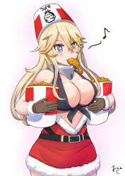 1girl akashieru belt black_belt blonde_hair blue_eyes breasts bucket_of_chicken chicken_(food) cleavage cup disposable_cup dress fast_food food fried_chicken front-tie_top fur-trimmed_dress fur_trim hair_between_eyes highres iowa_(kancolle) kantai_collection kfc large_breasts long_hair object_on_head red_dress santa_costume santa_dress short_dress solo star-shaped_pupils star_(symbol) symbol-shaped_pupils very_long_hair