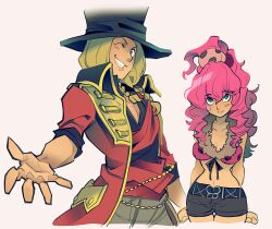 1boy 1girl black_hat blonde_hair braid breasts commentary dio_(kyokugen_dasshutsu) english_commentary eyelashes hair_ornament hat jacket kyokugen_dasshutsu kyokugen_dasshutsu_adv:_zennin_shibou_desu long_hair medium_hair midriff motojima_hakka navel one_eye_closed open_clothes open_jacket pink_hair reaching reaching_towards_viewer red_jacket short_shorts shorts simple_background smile teeth top_hat twin_braids v-shaped_eyebrows white_background yotsuba_(kyokugen_dasshutsu)